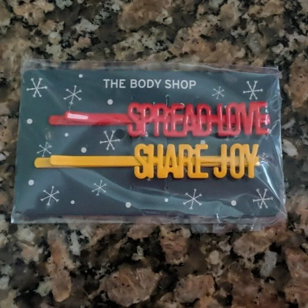 The Body Shop 'Spread Love' & ' Share Joy' Hair Bobby Pins Clips NWT
